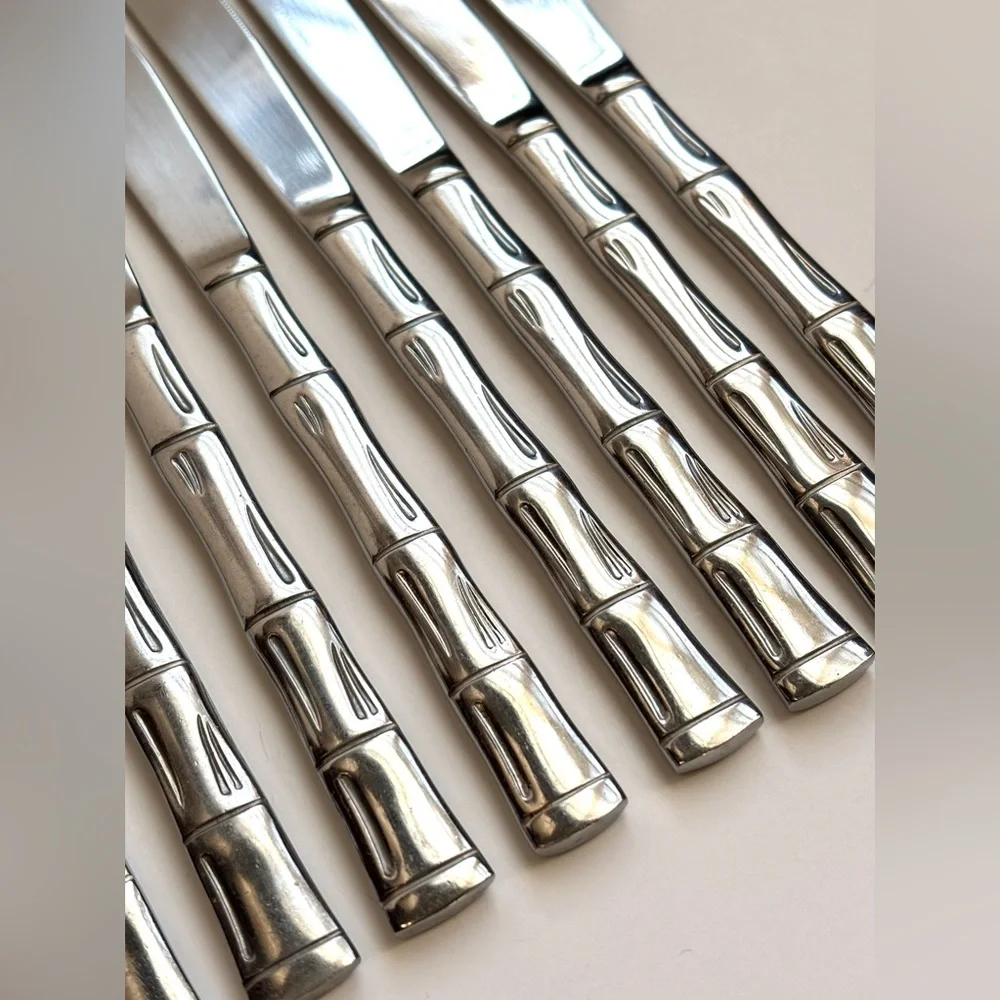 Vintage Korea Bamboo Pattern Stainless Steel Flatware‎ Knives 8 Piece Cutlery